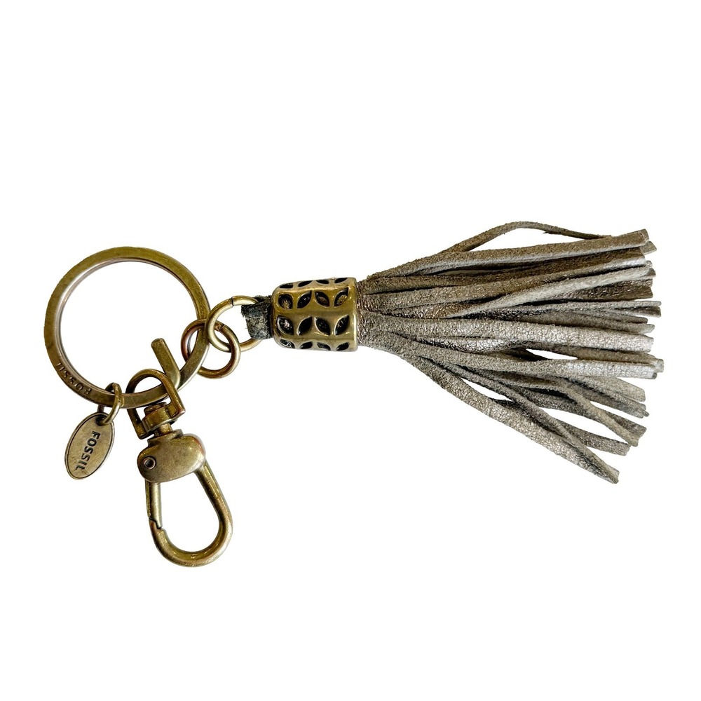 Fossil Leather Tassel Keychain and Bag Charm Antique Bronze Taupe Swivel Clip